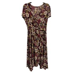 Floral Faux Wrap Midi Dress Burgundy Mustard V-Neck Short Sleeve XL